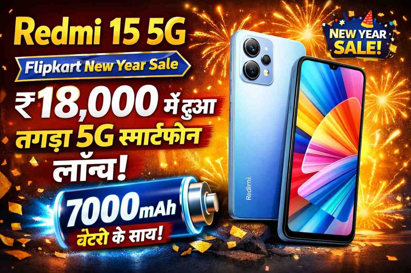 Redmi 15 5G Flipkart New Year Sale ₹18,000 में हुआ तगड़ा 5G स्मार्टफोन लॉन्च, 7000mAh बैटरी के साथ
